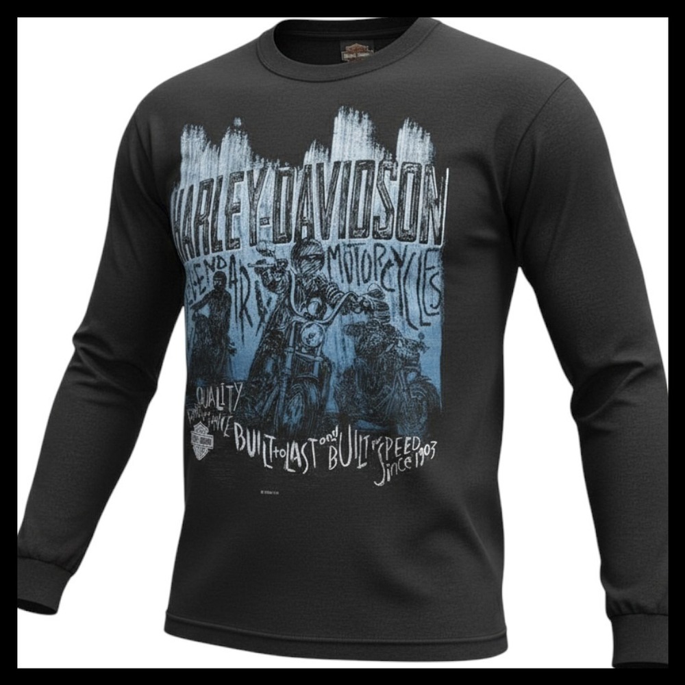 Harley-Davidson Mens Black‎ Long Sleeve Graphic T-Shirt Motorcycle Sketch Medium
